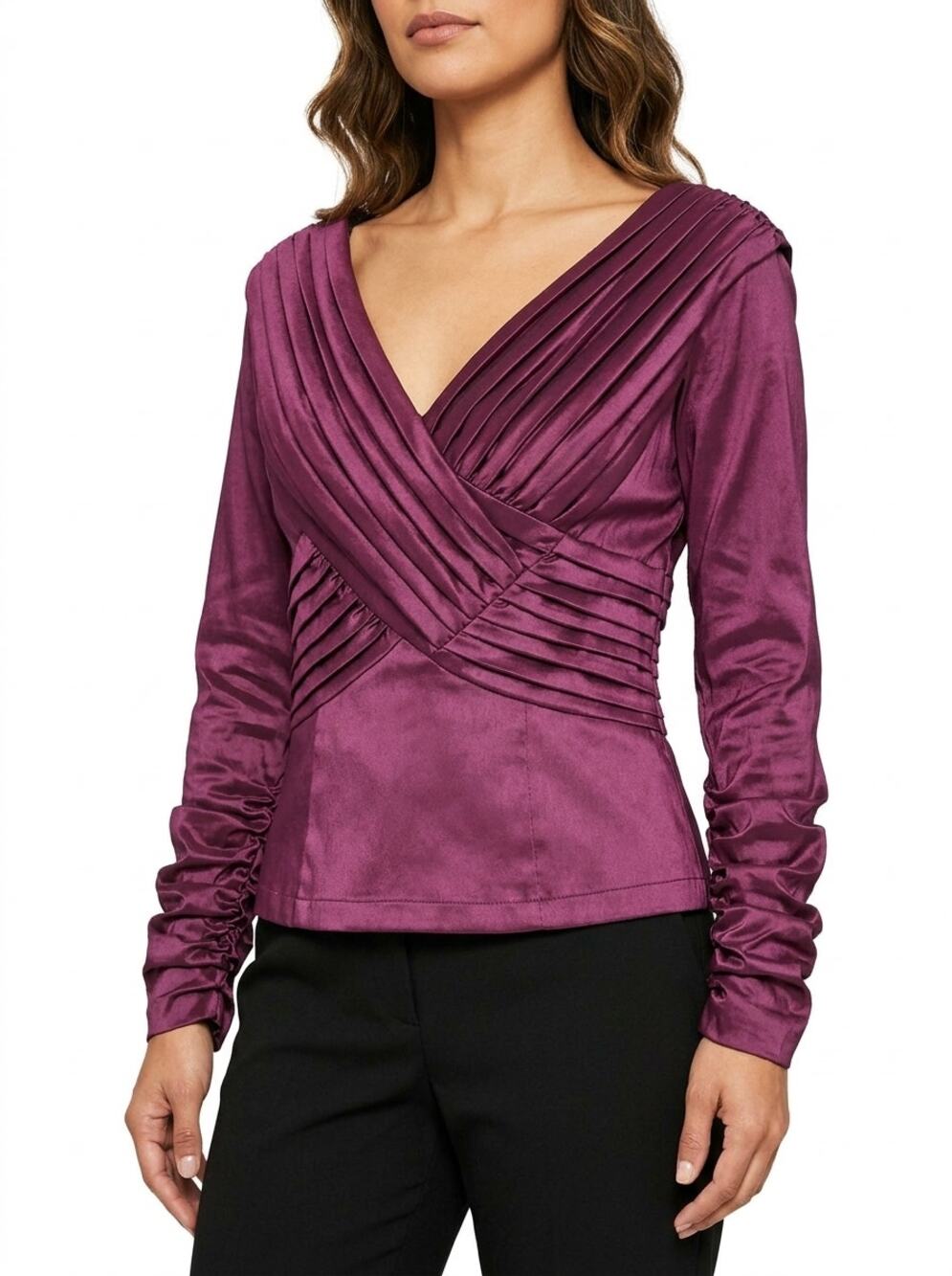 Tadashi Collection Purple Pleated Wrap V-Neck Satin Blouse Women Size 8
